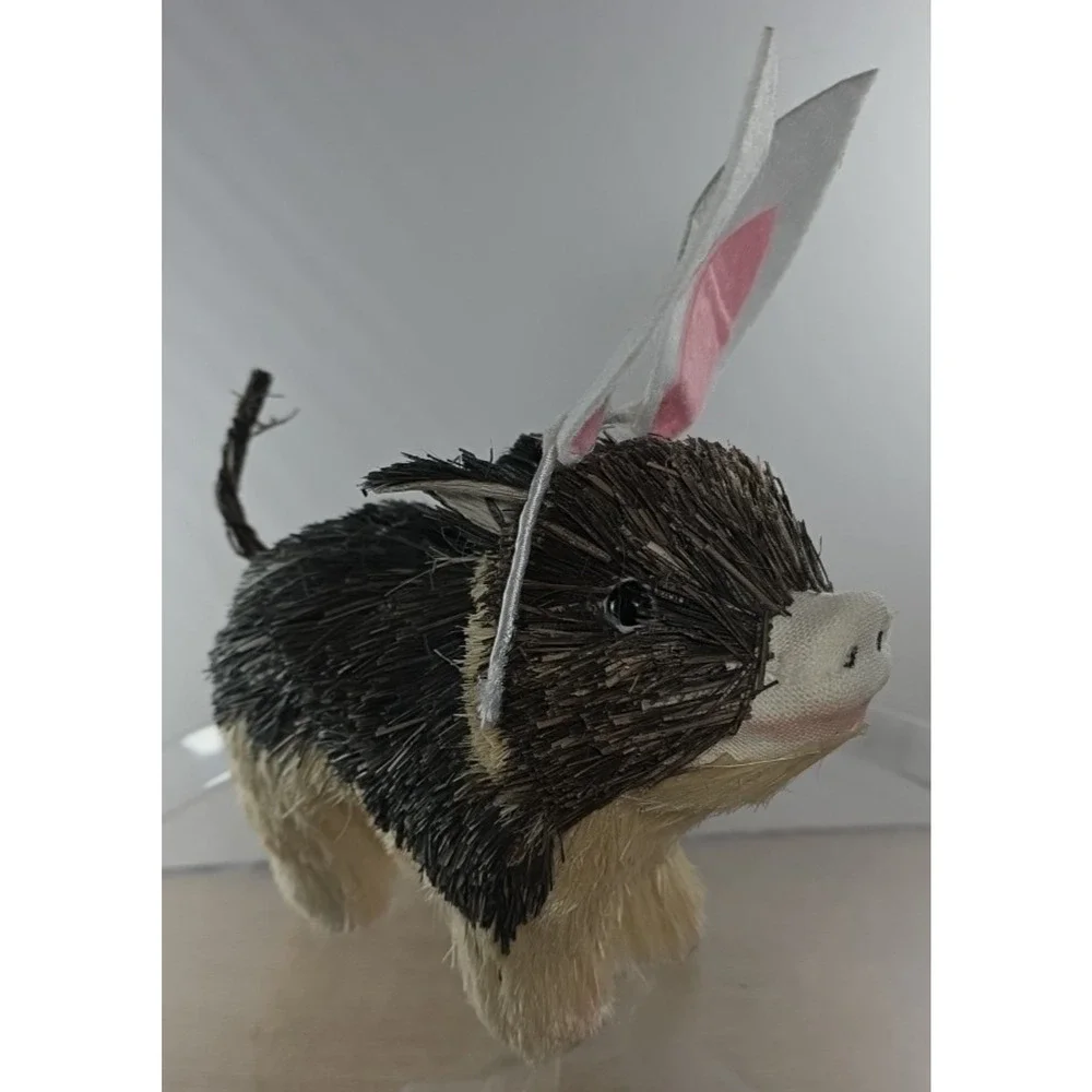Easter Brown White Wood Bristle Pig with Rabbit Bunny‎ Ears 5 x 7 x 3
